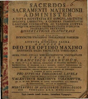 Sacerdos sacramenti matrimonii administer a nota novitatis et singularitatis ingenue liberatus