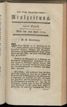 13tes Stück. Wien den 2ten April 1774.
