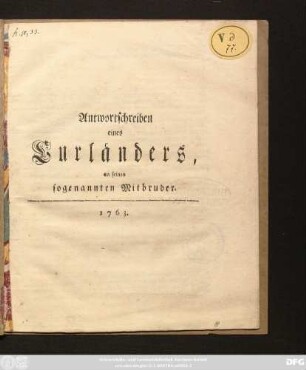Antwortschreiben eines Curländers, an seinen sogenannten Mitbruder