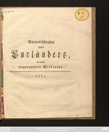 Antwortschreiben eines Curländers, an seinen sogenannten Mitbruder