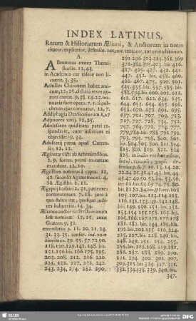 Index Latinus, Rerum & Historiarum Aeliani, & Auctorum in notis citator. explicator. defensor.. notator. tentator. aut emendatorum