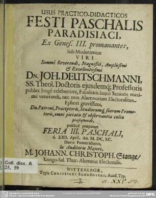 Usus practico-didacticos festi paschalis paradisiaci, ex Genes. III. promanantes