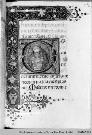 Officium Beatae Mariae Virginis : Folio mit Randbordüre, Text und historisierter Initiale D mit Darstellung König Davids