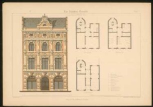 Wohnhaus: Grundrisse und Ansicht (aus: Ein-Familien-Häuser, entworfen und gezeichnet von Hermann Bethke)
