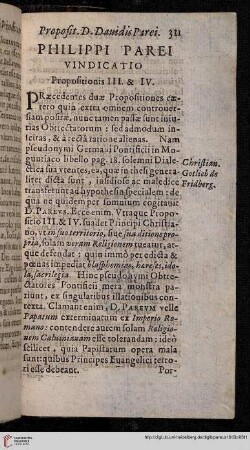 Philippi Parei Vindicatio. Propositionis III-VIII