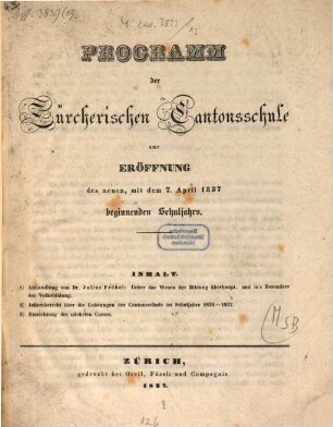 Programm der Zürcherischen Kantonsschule, 1837