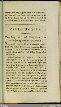 Dritter Abschnitt. Bemerkung über das Maaßnehmen am weiblichen Körper im Allgemeinen