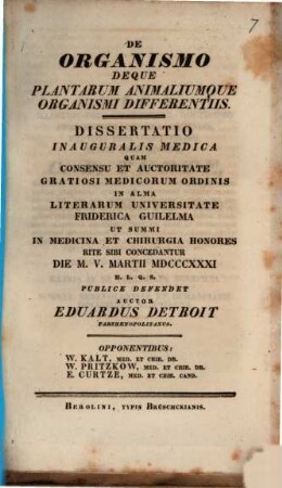 De organismo deque plantarum animaliumque organismi differentiis