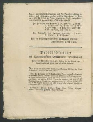 Berathschlagung des Niederrheinischen Departement-Direktoriums Vom 27ten Thermidor im zweyten Jahre ...