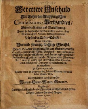 Gerettete Unschuld der Lehre der Augsburgischen Confessions Verwandten