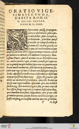 Oratio Vigesimasecvnda. Habita Romae. X. Kalen. Ianvar. Anno M. D. LXXII.