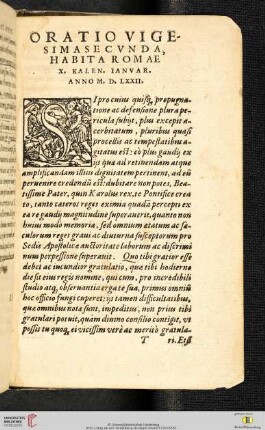 Oratio Vigesimasecvnda. Habita Romae. X. Kalen. Ianvar. Anno M. D. LXXII.