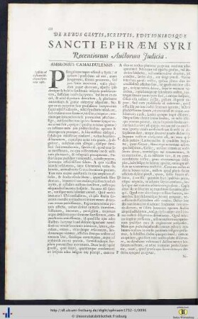 De Rebus Gestis, Scriptis, Editionibusque Sancti Ephraem Syri Recentiorum Auctorum Judicia.