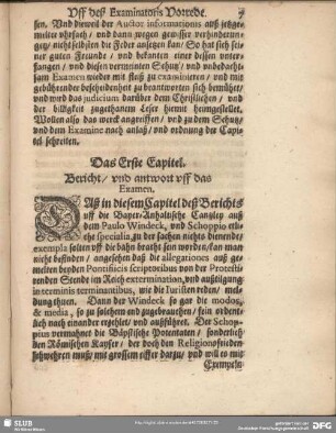 Das Erste Capitel. Bericht, und antwort uff das Examen