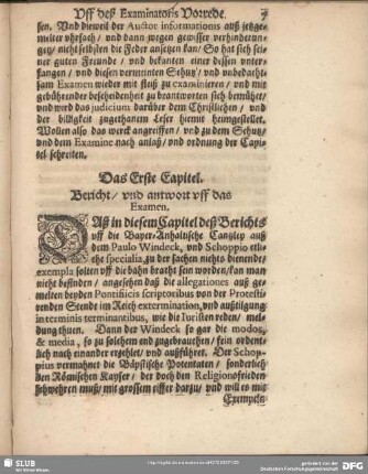 Das Erste Capitel. Bericht, und antwort uff das Examen