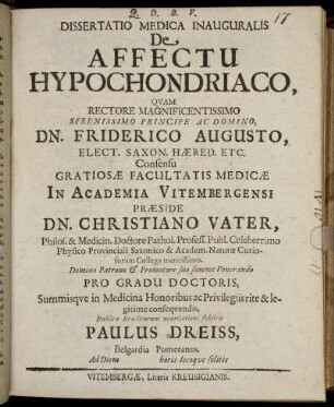 Dissertatio Medica Inauguralis De Affectu Hypochondriaco