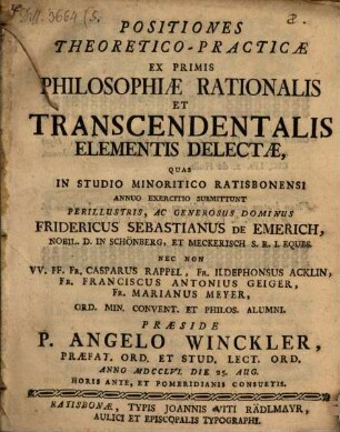 Positiones theor. pract. ex primis philosophiae rationalis et transcendentalis elementis delectae