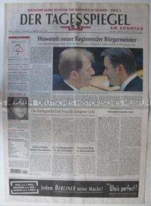 Berliner Tageszeitung "Der Tagesspiegel", u.a. zur Wahl von Klaus Wowereit zum Regierenden Bürgermeister von Berlin