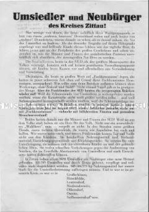 Propagandaflugblatt der SED zur Umsiedlerpolitik, verbunden mit Aufruf zu den Gemeindewahlen 1946