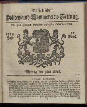 15. Stueck, Montag den 9ten April 1759