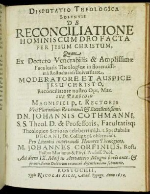Disputatio Theologica Solennis De Reconciliatione Hominis Cum Deo Facta Per Jesum Christum