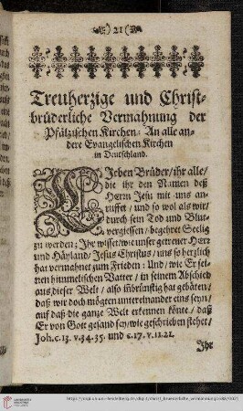 Treuherzige ud Christbrüderliche Vermahnung der Pfälzischen Kirchen: An alle andere Evangelischen Kirchen in Deutschland