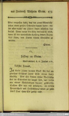 62. Lessing an Gleim. Wolfenbüttel, den 6. Junius 1771