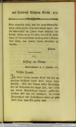62. Lessing an Gleim. Wolfenbüttel, den 6. Junius 1771