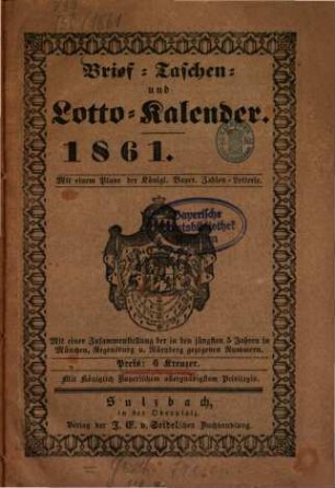 Brief-Taschen und Lotto-Kalender. 1861