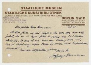 Postkarte Staatliche Kunstbibliothek / Wolfgang Herrmann an Raoul Hausmann. Berlin