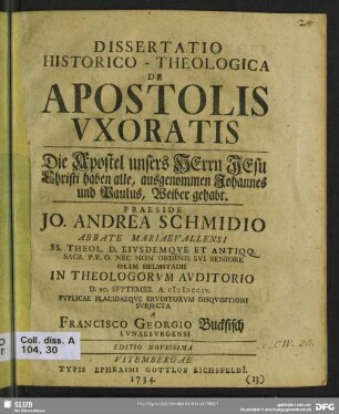 Dissertatio Historico-Theologica De Apostolis Uxoratis