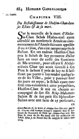 Chapitre VIII. Du Restabissement de Hadsim-Chan dans ses Estats & de sa mort