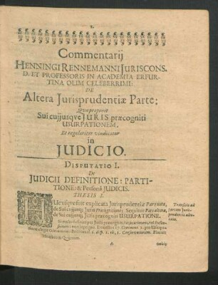 Disputatio I. De Iudicii Definitione: Partitione: & Persona Iudicis.