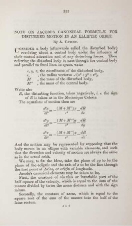 Note on Jacobi's canonical formulae for disturbed motion in an elliptic orbit.