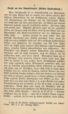 9. Arndt an den Staatskanzler Fürsten Hardenberg