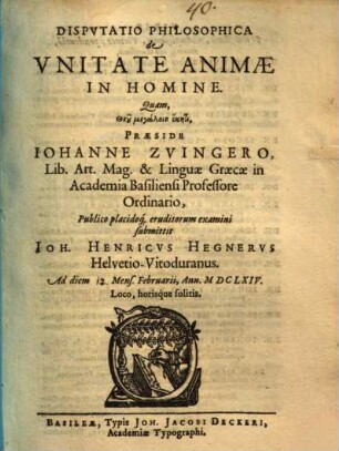 Disp. philos. de unitate animae in homine