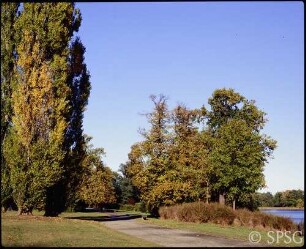Potsdam, Neuer Garten, Parkansicht, Blick vom Uferweg südlich des Roten Hauses über den Heiligen See auf das gegenüberliegende Ufer.