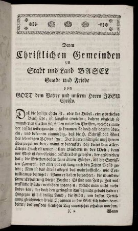 Denen Christlichen Gemeinden zu Stadt und Land Basel Gnade und Friede von Gott dem Vatter und unserm Herrn Jesu Christo.
