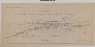 Hangelar, Bahnhof (neu): Lageplan betreffend Anschluss an die Industriebahn am neuen RSE-Bahnhof Hangelar. Lageplan neuer Bahnhof Hangelar samt Gleisanlagen der Kleinbahn Beuel - Großenbusch. Planung mit Rollwagengrube.