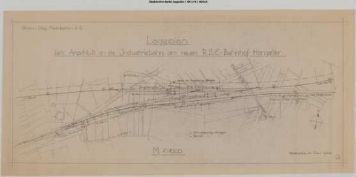 Hangelar, Bahnhof (neu): Lageplan betreffend Anschluss an die Industriebahn am neuen RSE-Bahnhof Hangelar. Lageplan neuer Bahnhof Hangelar samt Gleisanlagen der Kleinbahn Beuel - Großenbusch. Planung mit Rollwagengrube.