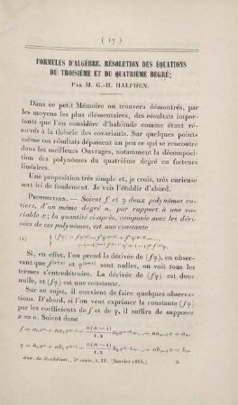 Formules d'algèbre. Résolution des équations du troisième et du quatrième degré.