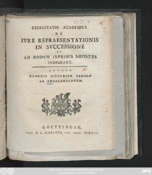 Exercitatio Academica De Ivre Repraesentationis In Svccessione Et An Eodem Inprimis Nepotes Indigeant