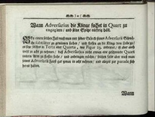Wann Adversarius die Klinge suchet in Quart zu engagiren / und seine Spitze niedrig hält. [inkl. Abbildung]