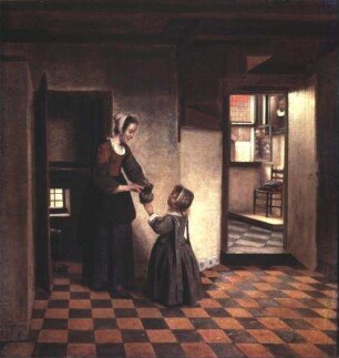 Junge Frau an der Kellertür mit Kind