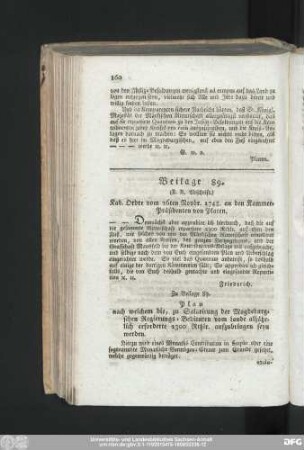 Beilage 89. Kab. Ordre vom 26ten Novbr. 1748. an den Kammer-Präsidenten von Platen.