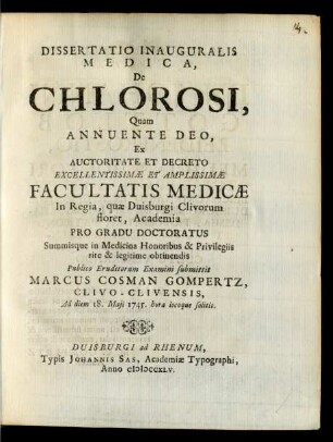 Dissertatio Inauguralis Medica, De Chlorosi