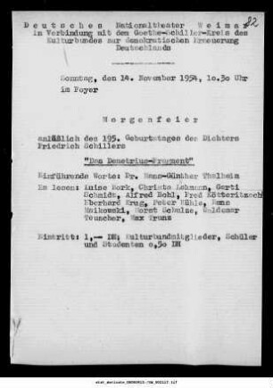 Morgenfeier anläßlich des 195. Geburtstages [...] Friedrich Schillers "Das Demetrius-Fragment"