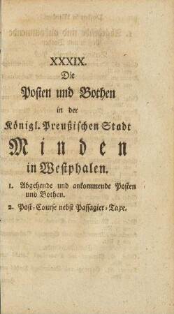 XXXIX. Die Posten und Bothen in der Königl. Preußischen Stadt Minden in Westphalen.