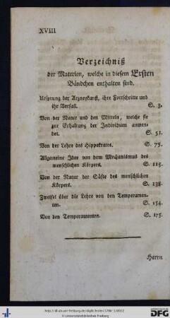 Verzeichniß der Materien, welche in diesem Ersten Bändchen enthalten sind.