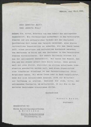 Brief von Robert Bosch von Vereinigung Carl Schurz <Berlin> an Gerhart Hauptmann und Margarete Hauptmann
